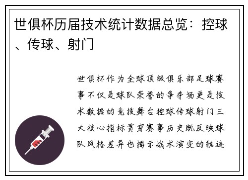 世俱杯历届技术统计数据总览：控球、传球、射门